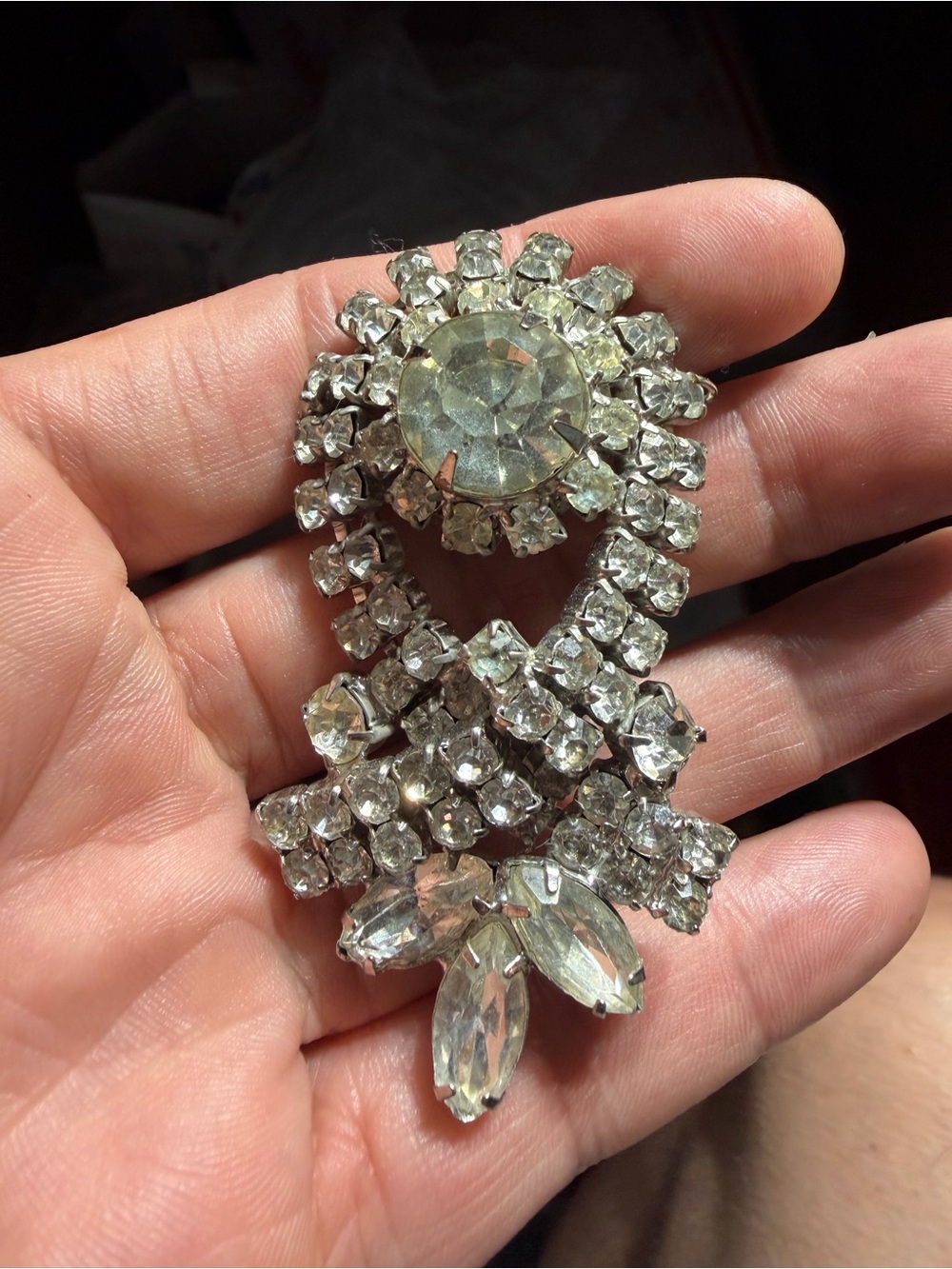 Vintage Silver Tone Clear Crystal Cluster Brooch